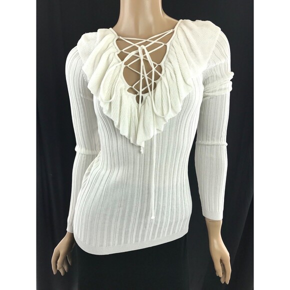 Intermix Petite XS 'Mika' Ivory White Lace-Up Knit Top Viscose Long Sleeves - Picture 5 of 6